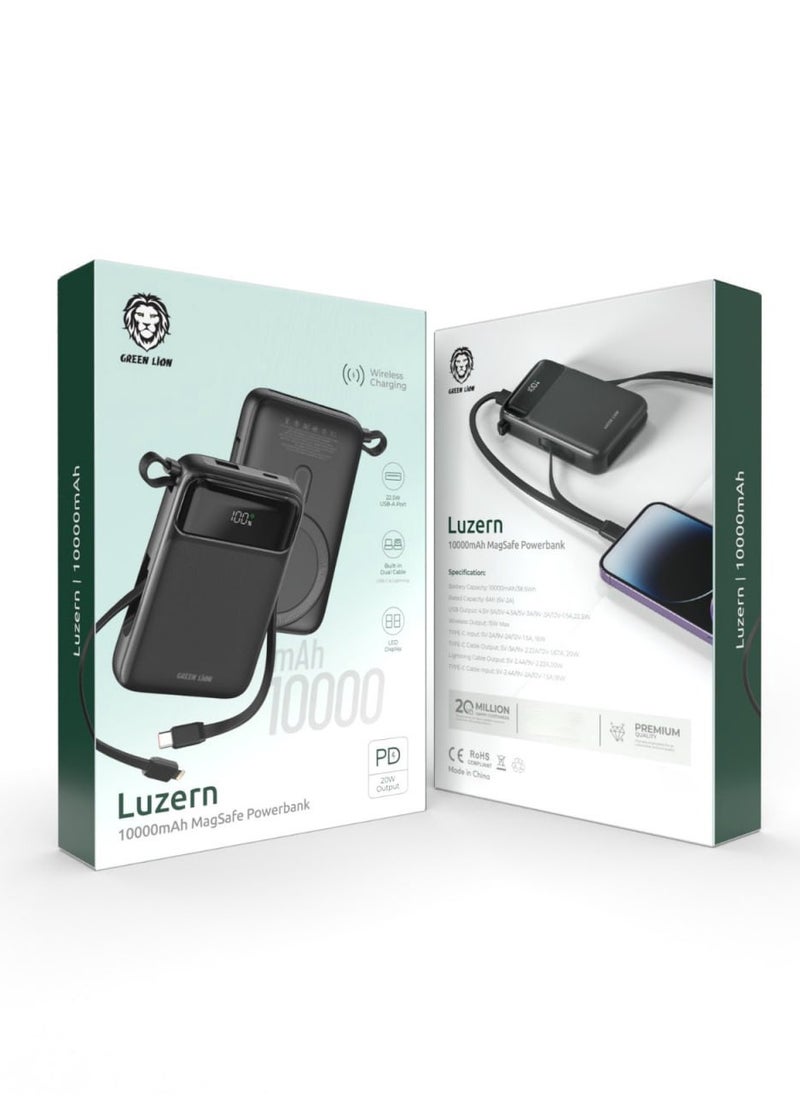 Luzern 10000 mAh MagSafe Power Bank / 20W PD Output / 22.5W USB-A Port /10000mAh Wireless Charger Powerbank / LED Display / 15W Max Wireless Output / Built-in Dual Cable USB-C & Lightning - Black