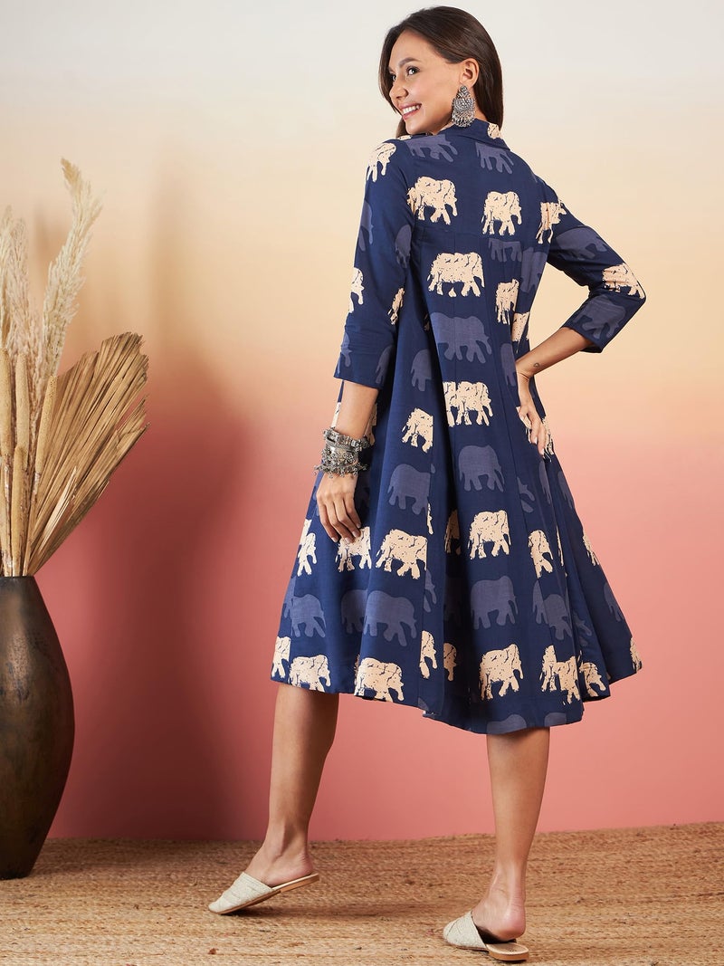 InWeave Blue Elephant Print Flared Dress - Image 3