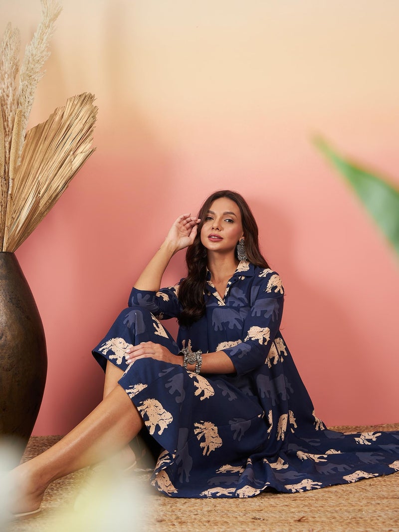 InWeave Blue Elephant Print Flared Dress - Image 5