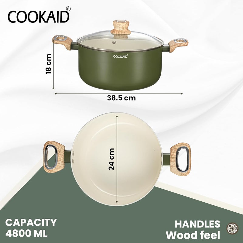COOKAID Velora Series Non Stick Ceramic Casserole 24 cm | Aluminium Body| Ceramic Non Stick Coating| ISI Certified |4.8 LTR. Capacity | Olive Green - Image 2