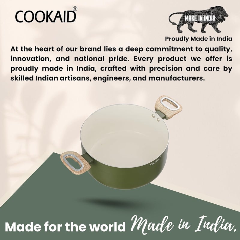 COOKAID Velora Series Non Stick Ceramic Casserole 24 cm | Aluminium Body| Ceramic Non Stick Coating| ISI Certified |4.8 LTR. Capacity | Olive Green - Image 3