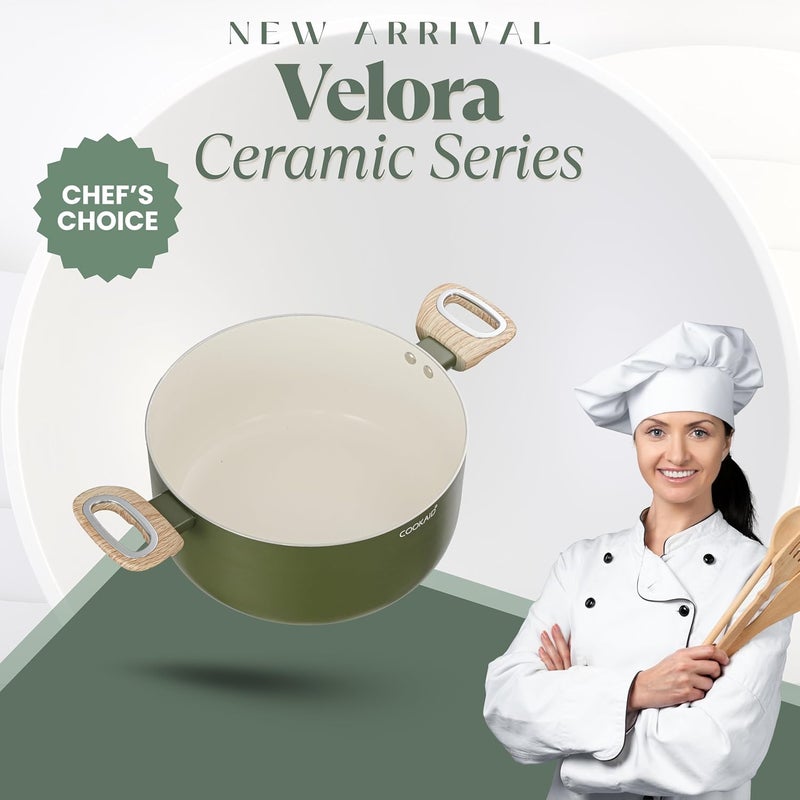 COOKAID Velora Series Non Stick Ceramic Casserole 24 cm | Aluminium Body| Ceramic Non Stick Coating| ISI Certified |4.8 LTR. Capacity | Olive Green - Image 4