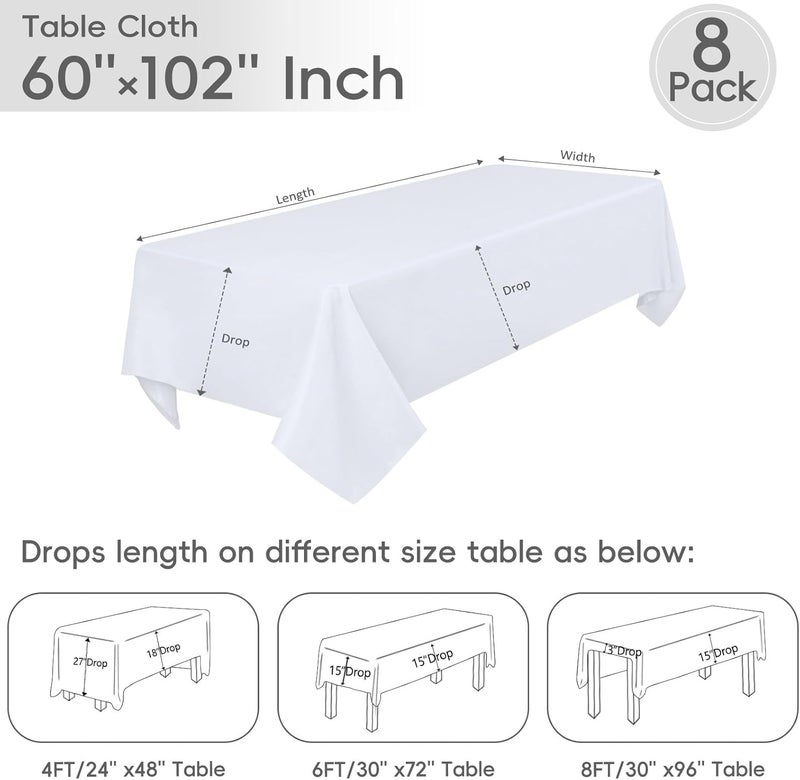 8 Pack White Tablecloth 60 x 102 Inch Polyester Table Cloth for 6 Foot Rectangle Tables - Image 3