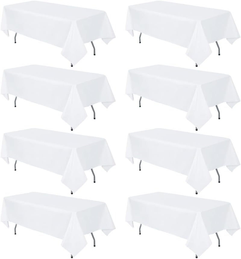 8 Pack White Tablecloth 60 x 102 Inch Polyester Table Cloth for 6 Foot Rectangle Tables - Image 1