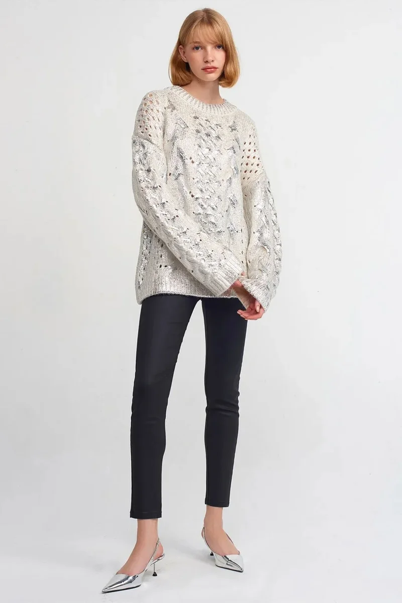 Dilvin Oatmeal Natural DILVIN Oversized Cable Knit Crew Neck Sweater for Women | Best Price UAE