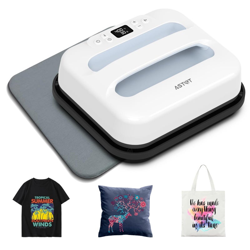 AST&T Heat Press Machine 12" x 10" Portable & Easy Heat Press for T-Shirts, Pillows, Tote Bags & More White (Heat Press+mat) - Image 1