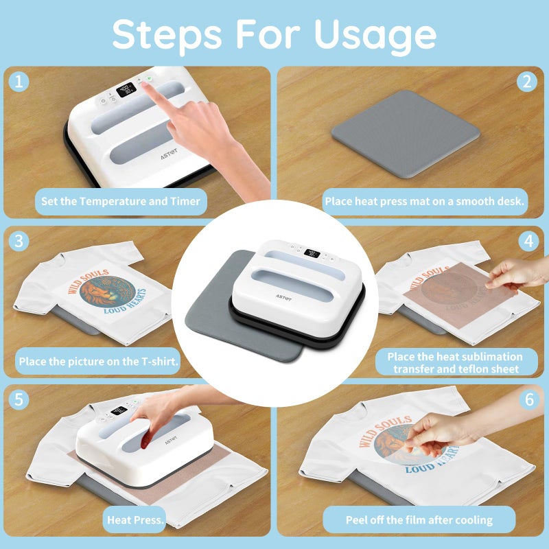AST&T Heat Press Machine 12" x 10" Portable & Easy Heat Press for T-Shirts, Pillows, Tote Bags & More White (Heat Press+mat) - Image 5