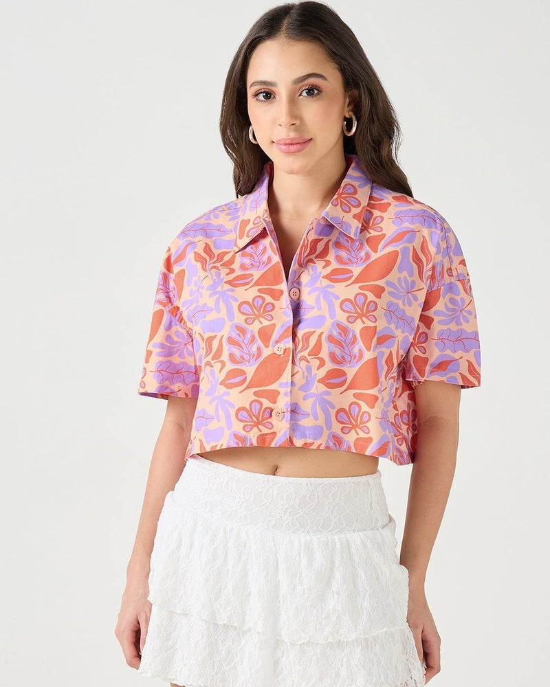 bewakoof Women's Multicolor All Over Printed Oversized Crop Shirt - Image 1