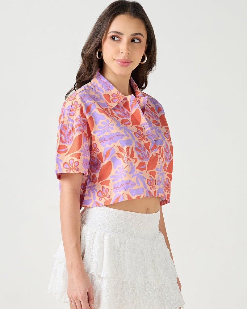 bewakoof Women's Multicolor All Over Printed Oversized Crop Shirt - Image 2