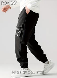 roaiss Loose Tether Mid Waist Trousers for Men Versatile Casual Multiple Pockets Straight Cargo Pants Mens Comfortable Breathable Skin-Friendly Sweatpants with Small Trouser Legs  - Image 3