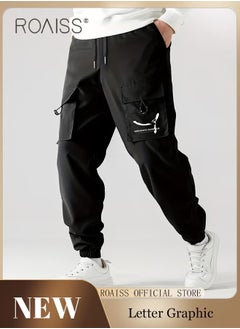 roaiss Loose Tether Mid Waist Trousers for Men Versatile Casual Multiple Pockets Straight Cargo Pants Mens Comfortable Breathable Skin-Friendly Sweatpants with Small Trouser Legs  - Image 1