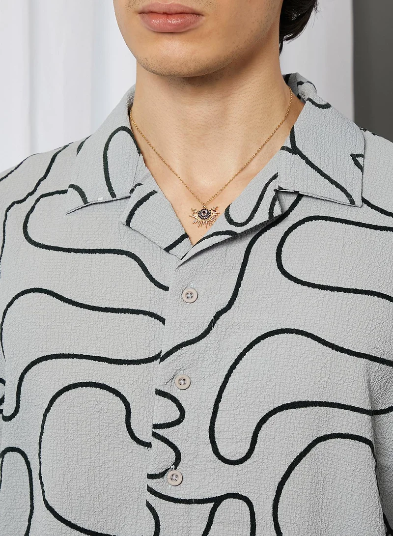 Campus Sutra Men's Cloud Grey Abstract-Lined Oversized Shirt