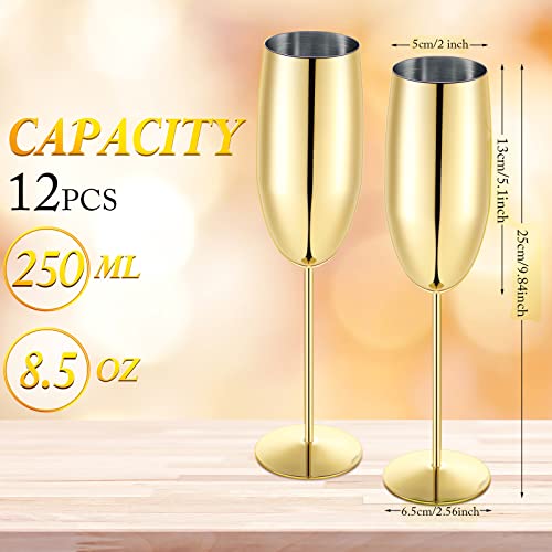 Yinder Champagne Flutes Bulk 8.5 oz Wine Glasses Stainless Steel Stemmed Flutes with Box Unbreakable Toasting Glasses for Wedding Anniversary Parties Gifts Pool(Gold,12 Pack) - Image 2
