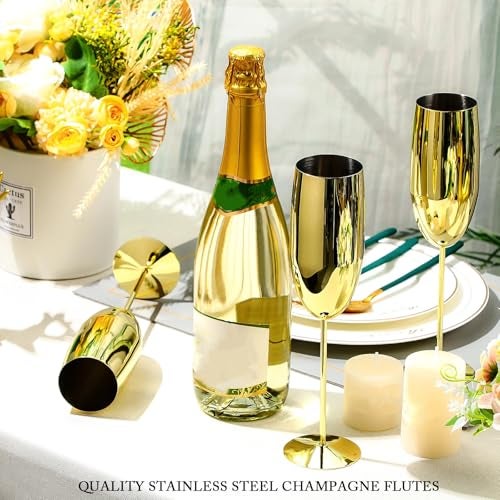 Yinder Champagne Flutes Bulk 8.5 oz Wine Glasses Stainless Steel Stemmed Flutes with Box Unbreakable Toasting Glasses for Wedding Anniversary Parties Gifts Pool(Gold,12 Pack) - Image 4
