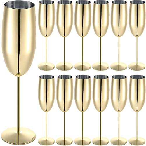 Yinder Champagne Flutes Bulk 8.5 oz Wine Glasses Stainless Steel Stemmed Flutes with Box Unbreakable Toasting Glasses for Wedding Anniversary Parties Gifts Pool(Gold,12 Pack) - Image 1