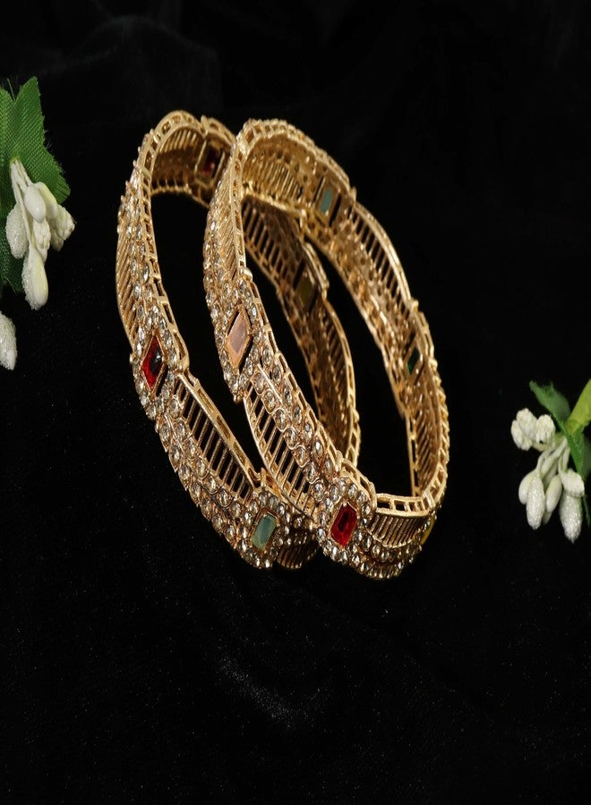 STYOLLO Gold Finish Alloy Kada Set For Women & Girls With Square Zircon Stone Work | Stylish Indian Jewelry | Women's Bangle For Party - Set Of 2 (SYL_ST12_SD016-ReverseAD-Multi-2.8) - Image 5