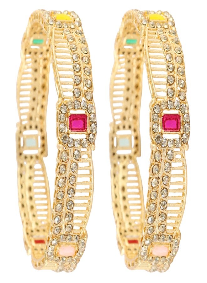 STYOLLO Gold Finish Alloy Kada Set For Women & Girls With Square Zircon Stone Work | Stylish Indian Jewelry | Women's Bangle For Party - Set Of 2 (SYL_ST12_SD016-ReverseAD-Multi-2.8) - Image 2