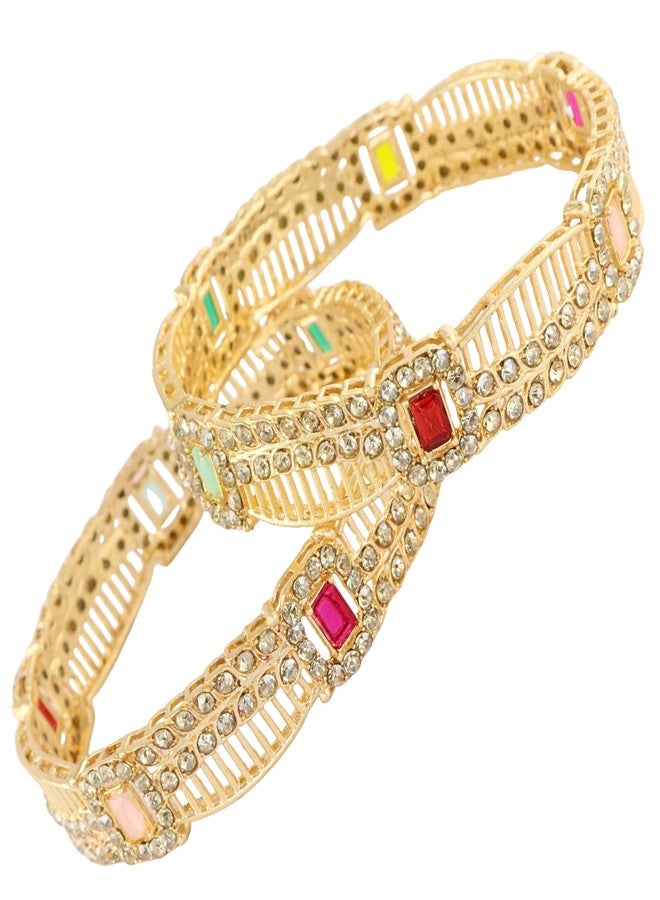 STYOLLO Gold Finish Alloy Kada Set For Women & Girls With Square Zircon Stone Work | Stylish Indian Jewelry | Women's Bangle For Party - Set Of 2 (SYL_ST12_SD016-ReverseAD-Multi-2.8) - Image 3