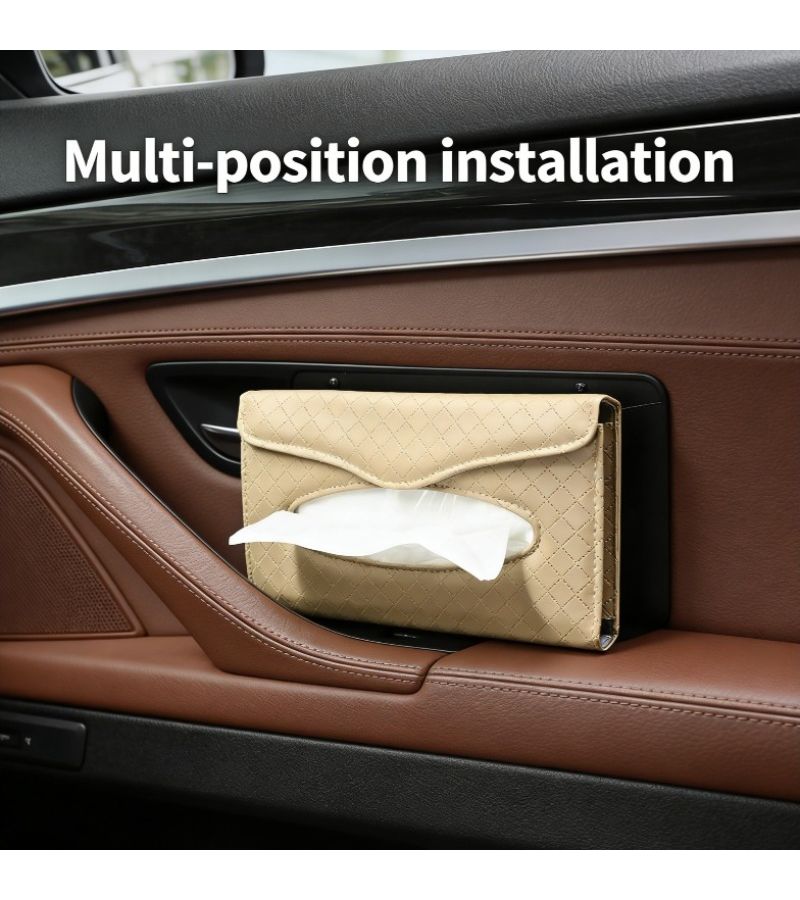 Beige PU Microfiber Faux Leather Car Tissue Box Headrest Multifunctional Organizer - Image 3