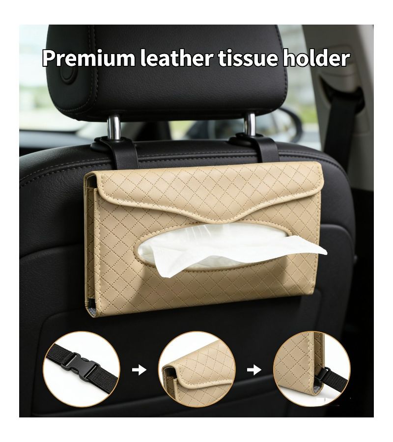 Beige PU Microfiber Faux Leather Car Tissue Box Headrest Multifunctional Organizer - Image 1