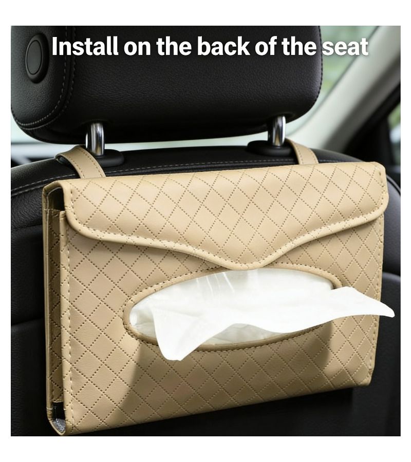 Beige PU Microfiber Faux Leather Car Tissue Box Headrest Multifunctional Organizer - Image 4