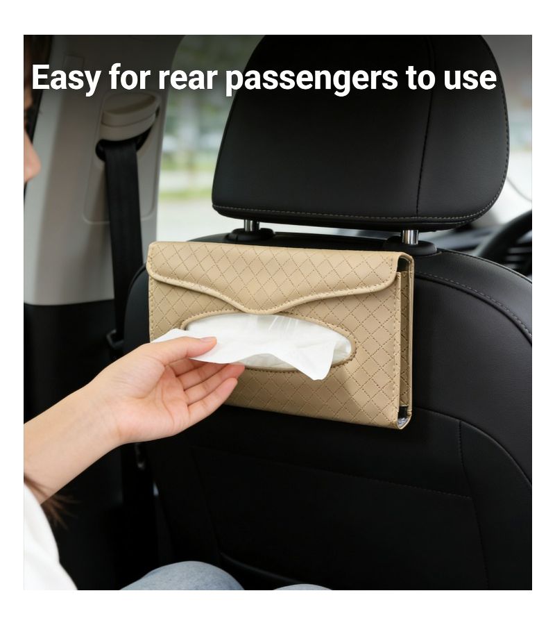 Beige PU Microfiber Faux Leather Car Tissue Box Headrest Multifunctional Organizer - Image 5