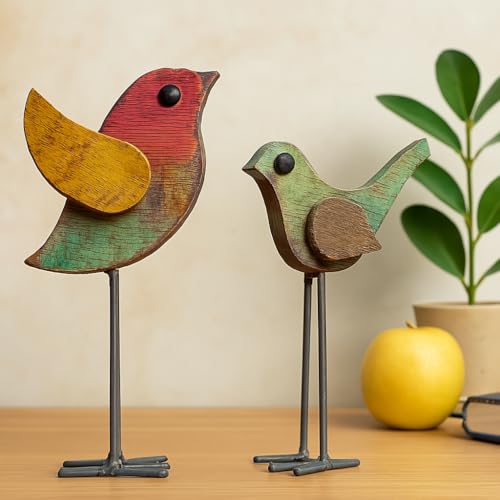 Fine Craft India Wooden Rustic Bird Figurines Set of 2 | Handmade Wood & Iron Decorative Showpiece | Antique Finish Table Decor for Home & Office (Height 11 inch, 220g) (Wooden_Flying_Bird_S2) - Image 2