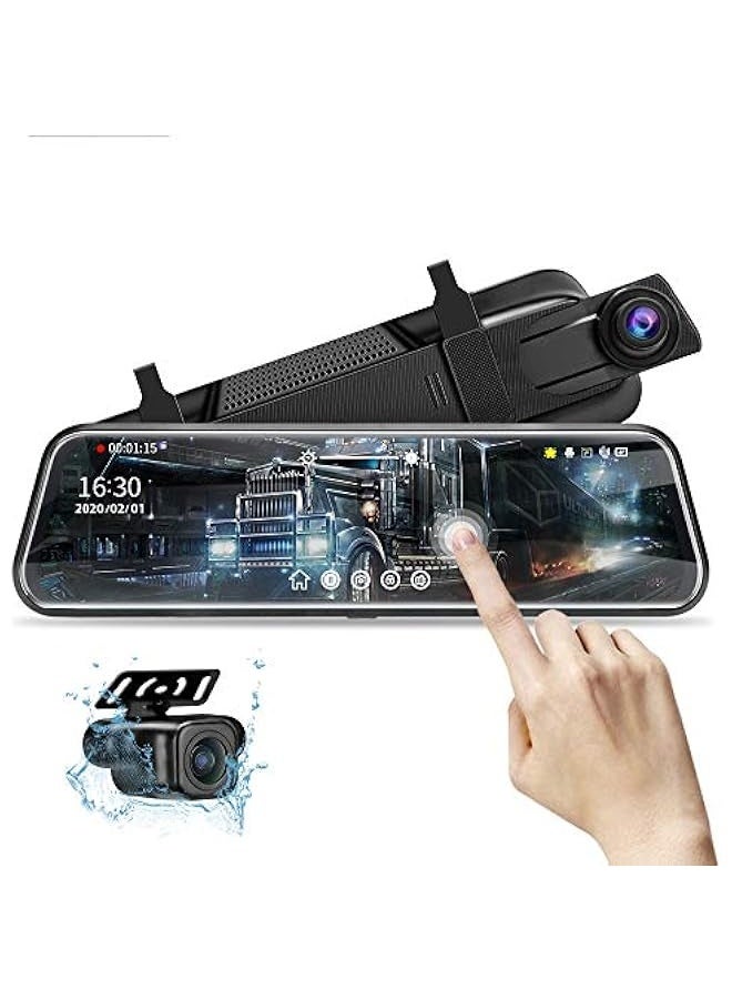 Topleo 10'' Mirror Dash Cam Night Vision 1080P FHD Full Touch Screen Front and Rear View Backup Camera for Cars Loop Recording Streaming Media 170°Wide Angle Parking Assistance with 10 Meters Cable - Image 1