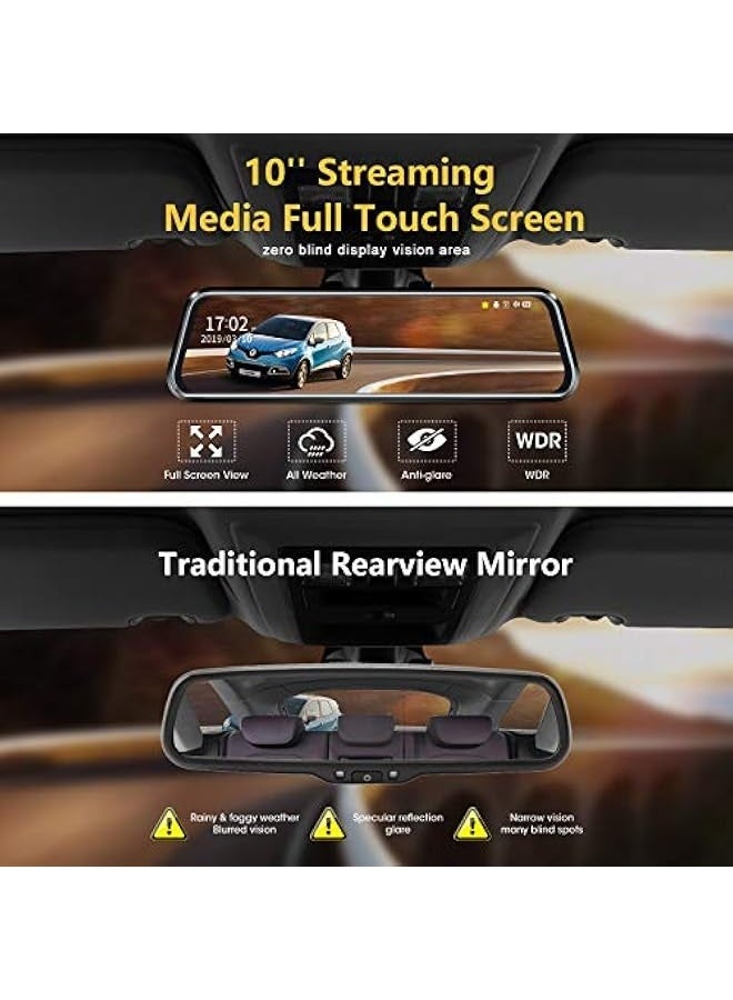 Topleo 10'' Mirror Dash Cam Night Vision 1080P FHD Full Touch Screen Front and Rear View Backup Camera for Cars Loop Recording Streaming Media 170°Wide Angle Parking Assistance with 10 Meters Cable - Image 3
