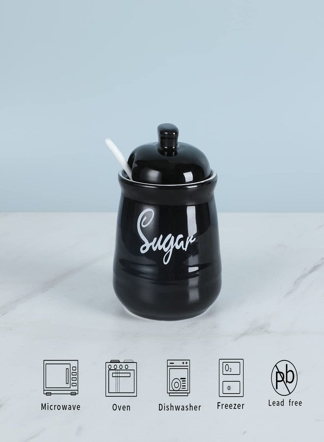 هاو توب وعاء سكر من البورسلين من هاوتوب بتصميم ريفي مع غطاء وملعقة، سعة 12 أونصة، سهل التنظيف (أسود) - Image 3