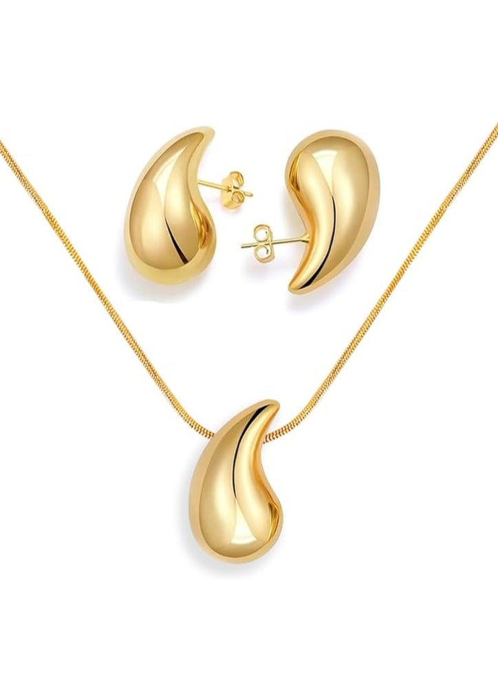 SYNSYB Chunky Gold Hoop Earrings and Necklace Set - Lightweight Waterdrop Hollow Open Hoops - Hypoallergenic Fashion Jewelry in Gift Box  - Image 1