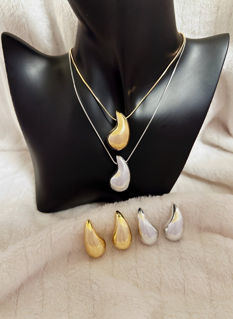 Chunky Gold Hoop Earrings and Necklace Set - Lightweight Waterdrop Hollow Open Hoops - Hypoallergenic Fashion Jewelry in Gift Box