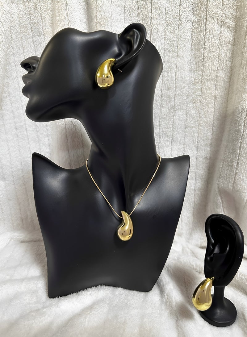Chunky Gold Hoop Earrings and Necklace Set - Lightweight Waterdrop Hollow Open Hoops - Hypoallergenic Fashion Jewelry in Gift Box