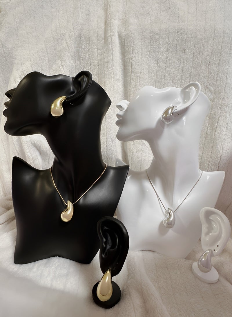 Chunky Gold Hoop Earrings and Necklace Set - Lightweight Waterdrop Hollow Open Hoops - Hypoallergenic Fashion Jewelry in Gift Box
