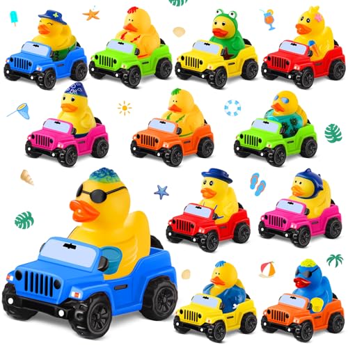 ANGGIKO 24 Pcs Summer Rubber Ducks for Jeeps Summer Beach Rubber Ducks 35 Inch Ducks for Jeeps 2 Inch Ducks for Ducking 12 Summer Ducks with 12 Cars Summer Party Favors Gifts Swimming Pool Water Toys - Image 1