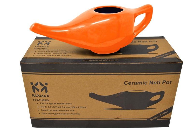 PAXMAX Porcelain Ceramic Neti Pot for Sinus, Jal Neti pots for Nasal Cleansing, Nose congestion and Passages Jala kriya (Orange) - Image 1