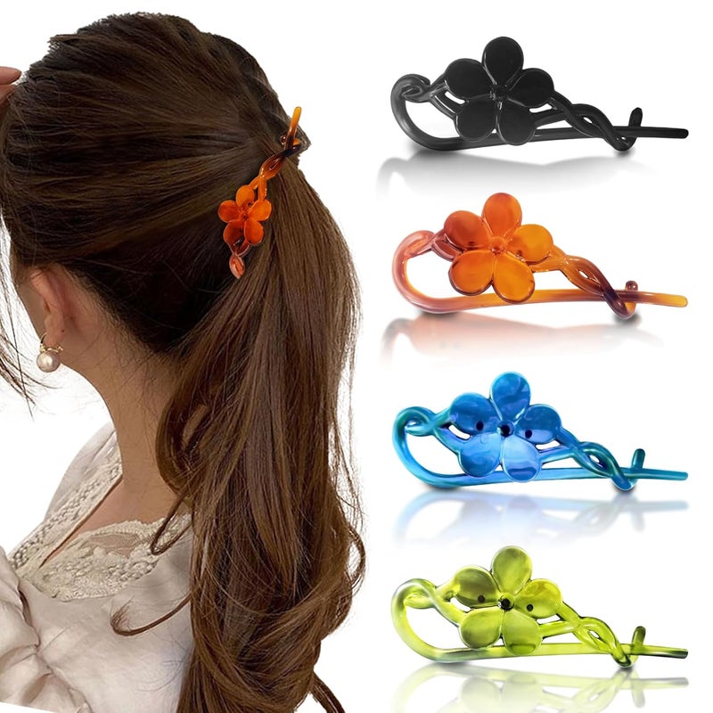 Sanas Flower Hair Clip 4Pcs Self Lock Banana Fancy Hair Accessories For Women Banana Hair Clips Korean Acrylic Hair Clips Twisted Hair Clips French Clips 4Pcs - Image 1