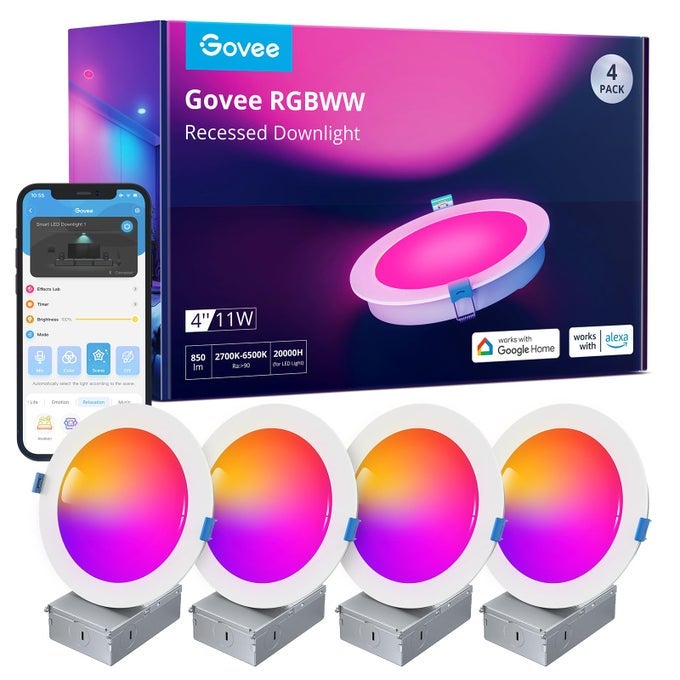 SMART RECESSED LIGHTING 4 INCH WIFI BLUETOOTH DIRECT CONNECT RGBWW LED DOWNLIGHT 65 SCENE MODE WORK WITH ALEXA GOOGLE ASSISTANT LED RECESSED LIGHTING WITH JUNCTION BOX 850 LUMEN 4 PACK