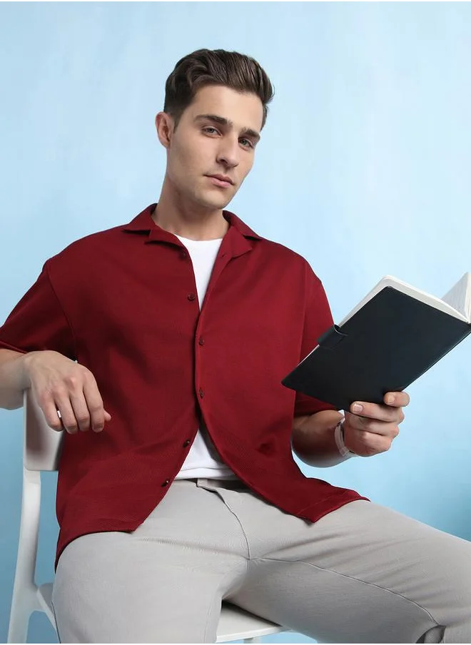 دينيس لينغو Maroon Relaxed Fit Cuban Collar Half Sleeve Shirt for Men, designed with a textured 100% poly fabric for a sleek and stylish appeal – the perfect pick for any trendsetter.