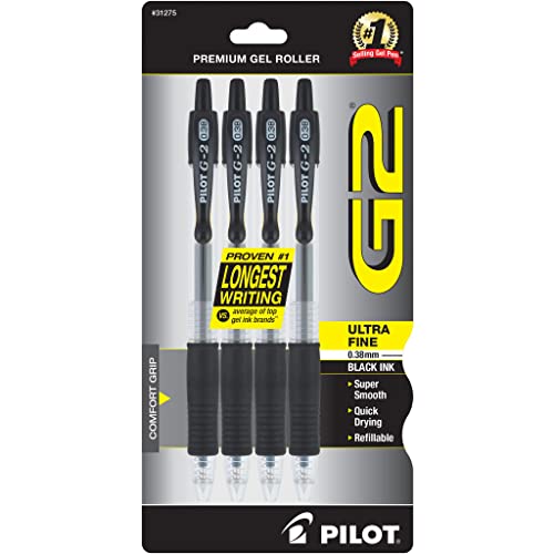 Pilot, G2 Premium Gel Roller Pens, Ultra Fine Point Gel Pens 0.38 mm, Pack of 4, Black - Image 1