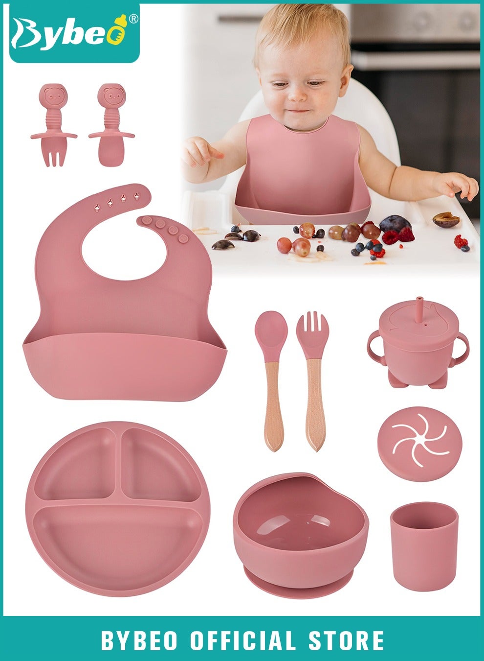 Bybeo 10 Pcs Baby Feeding Set,Silicone Tableware,Infant Feeding Supplies,Led Weaning Set for Newborns,Baby Self Eating Utensils Set,BPA Free,Pink