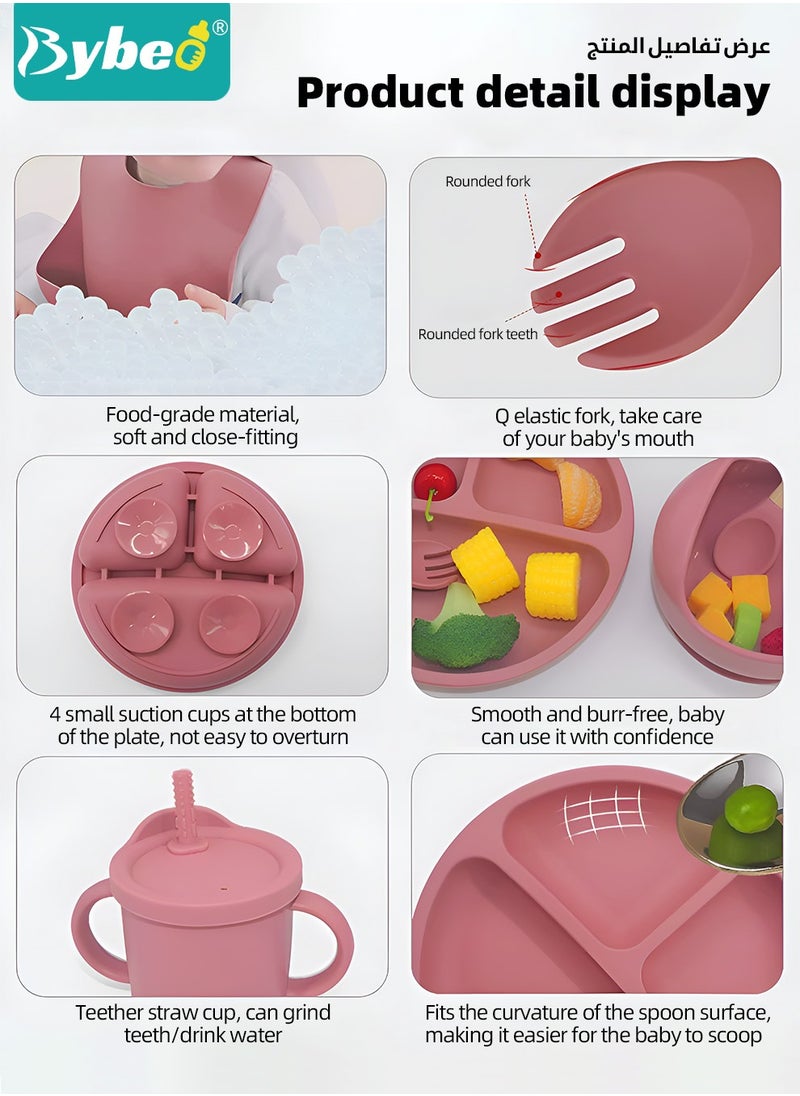 Bybeo - 10 Pcs Baby Feeding Set,Silicone Tableware,Infant Feeding Supplies,Led Weaning Set for Newborns,Baby Self Eating Utensils Set,BPA Free,Pink - Image 1
