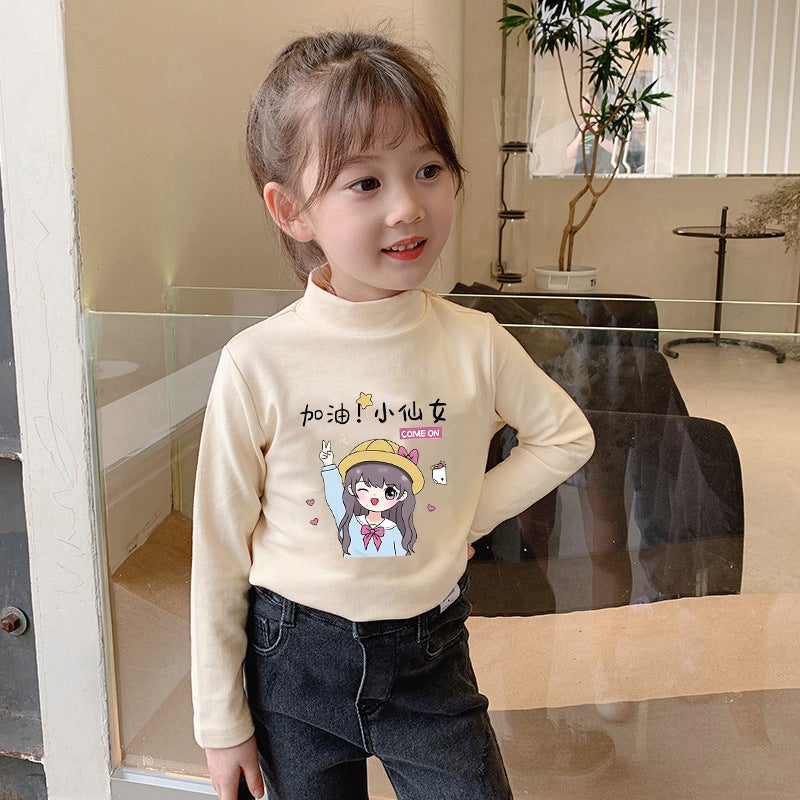 Girls' Long-Sleeved T-Shirt Top Base Shirt Velvet Half-High Collar Children'S And Baby Girls' Autumn Fleece-Lined Warm - Image 2