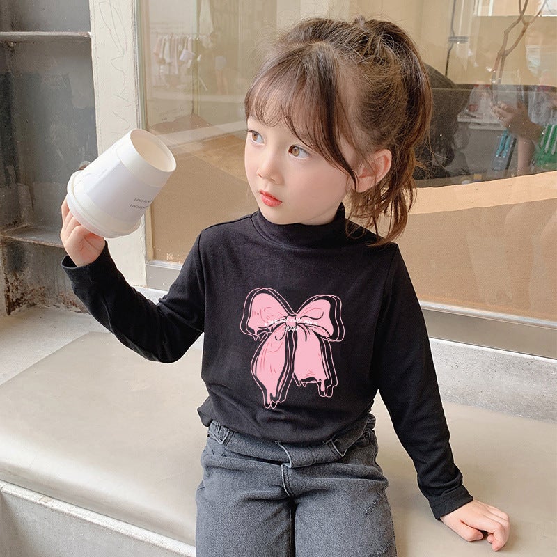 Girls' Long-Sleeved T-Shirt Top Base Shirt Velvet Half-High Collar Children'S And Baby Girls' Autumn Fleece-Lined Warm - Image 1