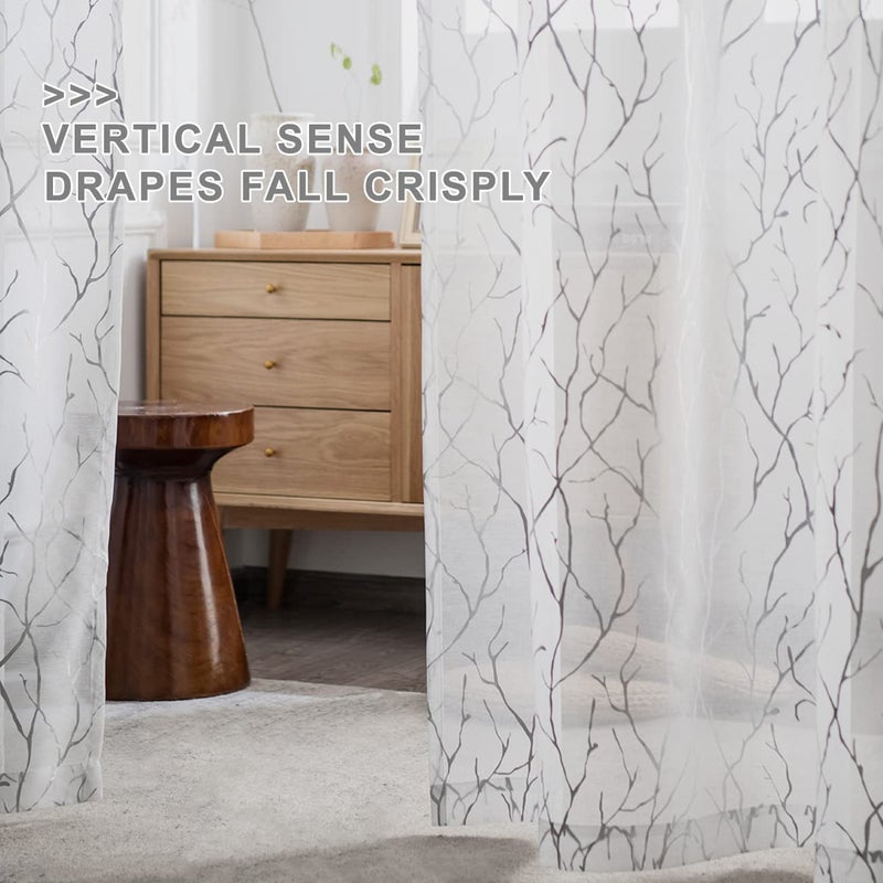 Finecity Tree Branch Sheer Curtains For Bedroom 63 Inches Length - Rod Pocket Silver White Sheer Curtains Branch Pattern Window Curtains For Bedroom  52 X 63 Inch  2 Panels  White And Silver - Image 5