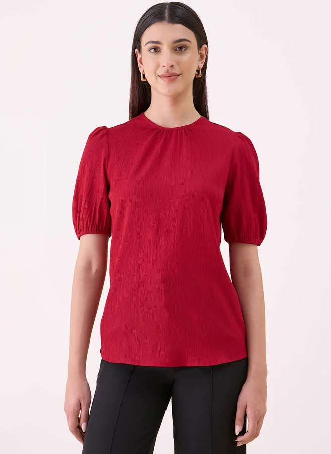 Salt Attire SALT ATTIRE Maroon Crepe Top with Puff Sleeves