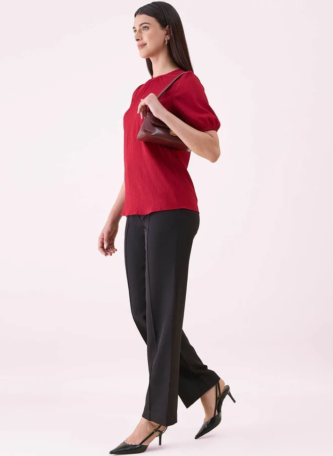 Salt Attire SALT ATTIRE Maroon Crepe Top with Puff Sleeves