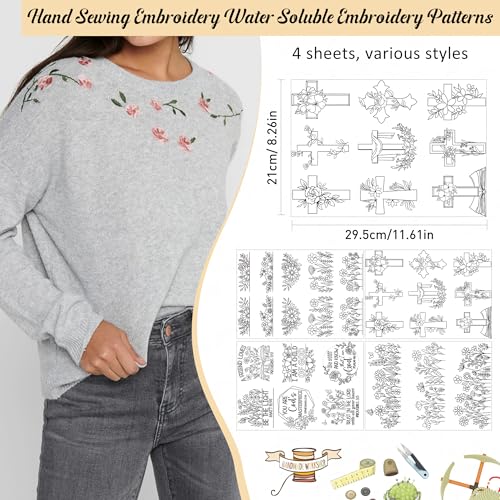 CRASHOT Water Soluble Stabilizer for Embroidery - Bible Flower Stick & Stitch Embroidery Paper Wash Away, Wildflower Cross Embroider Patterns for Jean Bag Tshirt, Hand Sewing DIY Crafts(4 Sheet) - Image 2
