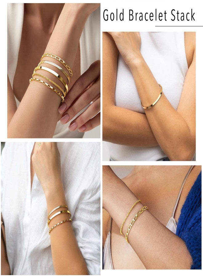 WomenGifts Thin Dainty Gold Bracelet for Women Stack, 14K Gold Plated Bracelet Stackable Set with Bangle Cuff, Box, Herringbone, Paperclip, Figaro, Sparkling Link Chains, Minimalist Simple Waterproof Non Tarnish - Image 3