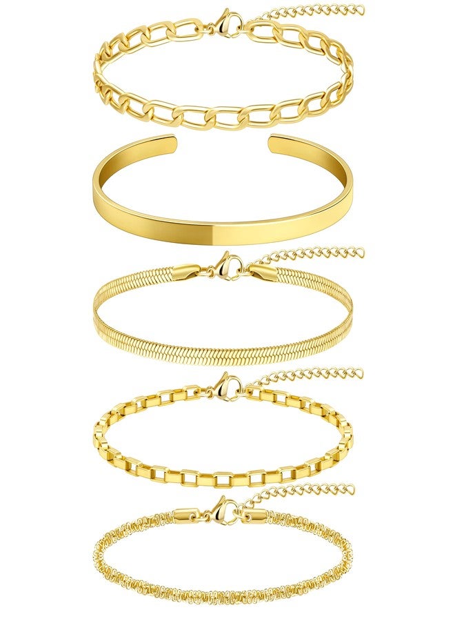 WomenGifts Thin Dainty Gold Bracelet for Women Stack, 14K Gold Plated Bracelet Stackable Set with Bangle Cuff, Box, Herringbone, Paperclip, Figaro, Sparkling Link Chains, Minimalist Simple Waterproof Non Tarnish - Image 1